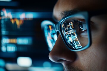 A close-up of glasses reflecting a data-filled screen, symbolizing insight and focus in the digital age, embodying the relationship between technology and humanity.