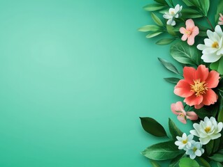 Naklejka premium Vibrant flowers and green leaves create a beautiful, colorful border on a soft green background, perfect for nature-themed designs.