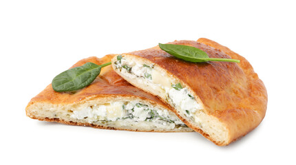 Pieces of tasty calzone with cheese and basil isolated on white