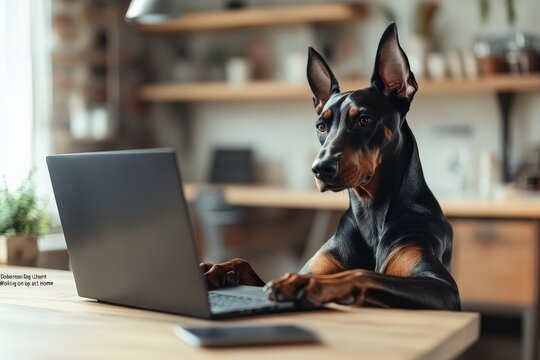 A cute dog sitting attentively at a wooden desk using a laptop, in a home office setup that conveys comfort, intelligence, and humor in everyday life.