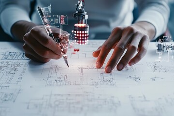 Hands sketching detailed architectural blueprints are enhanced by holographic overlays, representing precision and futuristic design in modern engineering.