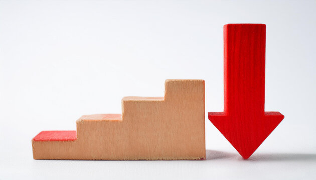 Red wooden arrow pointing down on white background. Business, market decline or economic.