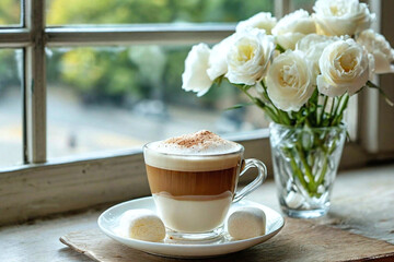 a cup of coffee standing on a white saucer. Coffee has layers: the lower layer is light, and the upper one is dark, with foam on top, sprinkled with cinnamon or cocoa. There are two white marshmallows