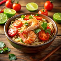 Shrimp Noodles Served in a Ceramic Bowl