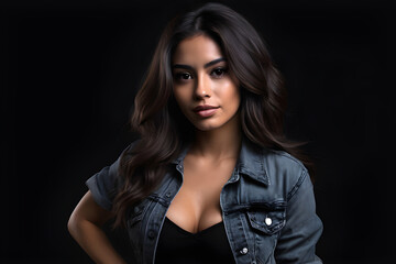 full-body portrait of an attractive Latina model isolated on a solid black background