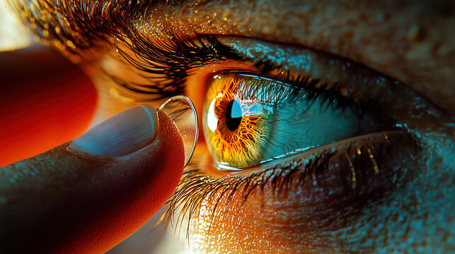 A close-up of an eye with a contact lens being placed on the cornea. The image highlights the intricate details of the eye, including the eyelashes, iris, and pupil.