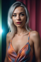 full-body portrait of an attractive prostitute with glowing skin, deep wrinkles, and a piercing gaze