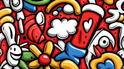 Obraz premium A vibrant, playful collage featuring colorful cartoon-like characters, flowers, and whimsical elements against a bold red background.