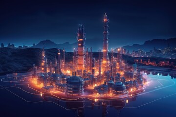 Fototapeta premium Futuristic Oil Refinery and Energy Plant Illuminated at Night