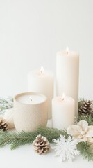 Elegant Christmas candles with pinecones and snowflake ornaments 9/16 phone wallpaper background - photography for social media faceless digital content marketing