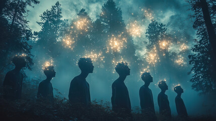 Ethereal silhouettes of people with starry visions in a mystical forest setting, evoking feelings of wonder and introspection. A thought-provoking representation of imagination