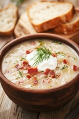 rustic bowl of creamy sauerkraut soup garnished with fresh dill, crispy bacon bits, and a dollop of sour cream, served on a wooden table with a slice of rye bread
