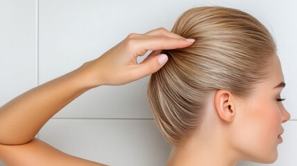 Fototapeta premium An elegant woman styles her hair into a smooth bun, focusing on personal grooming and beauty, indicating a sense of style and sophistication.