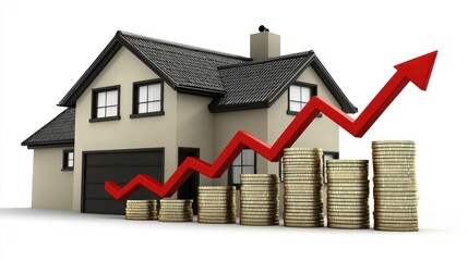 Stacks of coins beside a house and a red arrow pointing upwards, symbolizing the growth of property investment.