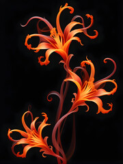 Floral flame design exhibiting vibrant contrasting petals morphing into fiery tendrils, isolated against a black background