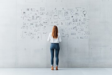 Fototapeta premium A woman stands before a concrete wall covered with diagrams, reflecting on complex business strategies and visual plans for innovative problem-solving sessions.