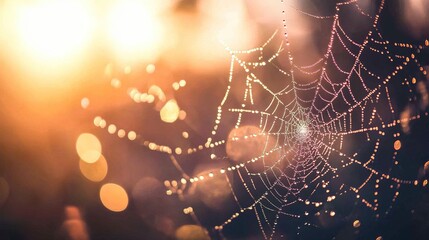 A delicate spiderweb covered in dew hangs between plants in sunlight.

