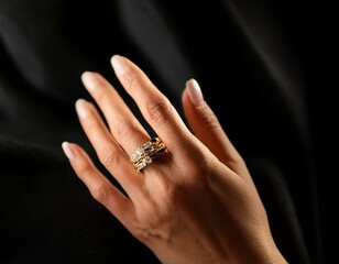 manos de mujer probando en su dedo un anillos de oro de mujer con piedras 