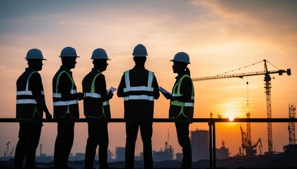 Fototapeta premium Silhouette of Engineer and Construction Team at Sunset, Ai generated Images