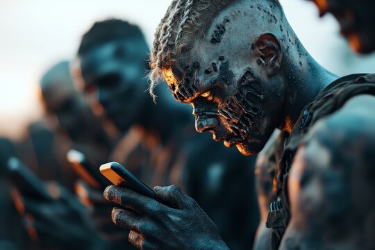 A group of eerie, zombie-like characters intensely focus on their smartphones, highlighting themes of technology addiction and societal disconnect in a dystopian setting.