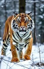 Fototapeta premium large tiger strides confidently through a snow-covered forest