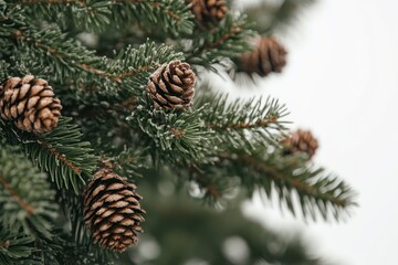 Frosty Pine Branches With Brown Pine Cones