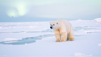 polar bear roams across the icy terrain, navigating thin ice patches while the enchanting aurora borealis lights up the sky, creating a beautiful backdrop in a secluded Arctic setting