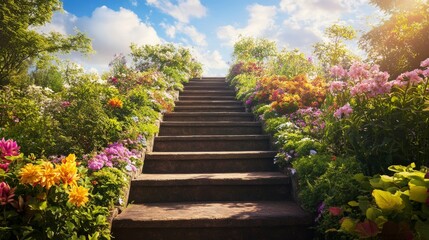 Blooming Garden Pathway with Colorful Flowers Framing Stone Steps Leading Toward a Bright Sky Illuminating a Serene Natural Retreat of Beauty and Tranquility
