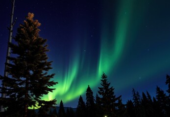 Naklejka premium Colorful green and purple auroras dance across the night sky, illuminating a tranquil forest in Alaska. vibrant display reflects the beauty of nature in the winter season