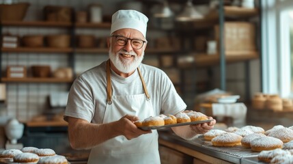 cheerful baker proudly presents a tray of freshly made pastries while surrounded by a welcoming bakery. warm atmosphere highlights the joy of baking and the art of pastry making
