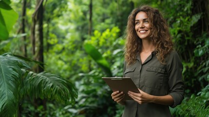 Fototapeta premium woman with curly hair stands amidst vibrant foliage in a rainforest, smiling as she takes notes on her clipboard. sun filters through the dense canopy, illuminating her focus