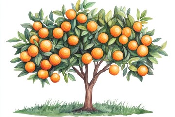 Watercolor Painting of an Orange Tree Laden with Fruit
