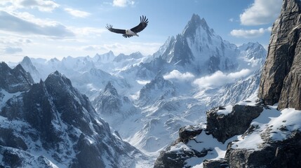Majestic eagle soaring over snow-capped mountains.