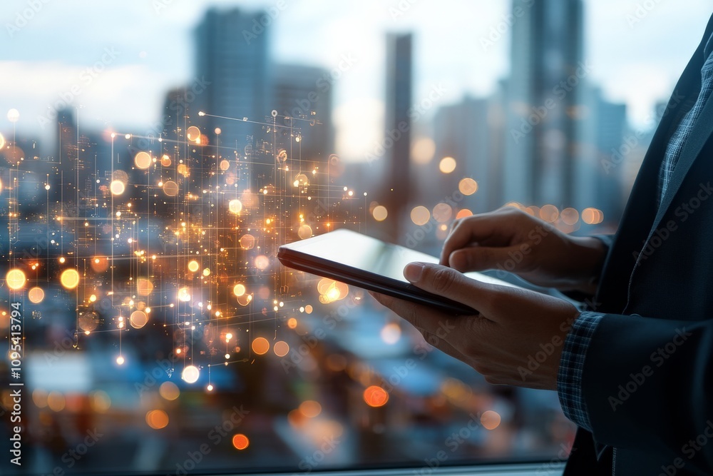 Poster person using a digital tablet in a cityscape with floating luminous network particles, representing 