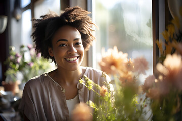 A black woman is a salesman in a flower shop
