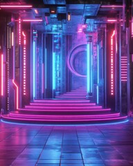 Neon Lit Cyberpunk Stairway Leading To Futuristic Portal