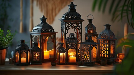 Fototapeta premium decorative lanterns with lit candles are arranged on a surface.