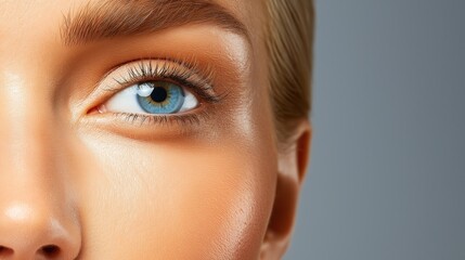 Naklejka premium womans captivating blue eye draws attention with its bright color and long eyelashes. Her skin appears smooth and radiant, complemented by minimal makeup for a fresh, natural look