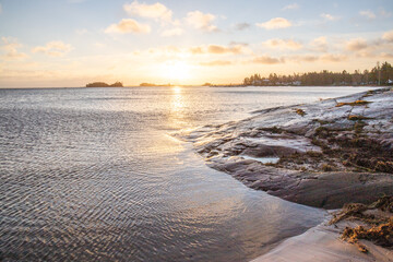 Shore of a lake at sunrise. Landscape shot in the Narur in the morning. Forests lake and water at the beginning of winter or in autumn. Sweden, Scandinavia