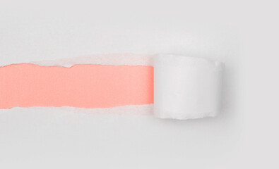 Torn, ripped paper pieces hole frame. White gray, beige pink copy space texture background