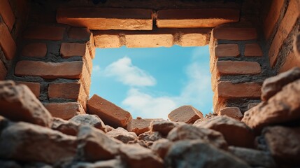 Sunlight filters through an opening in a weathered brick wall, revealing a bright blue sky with fluffy clouds. Fragments of brick and stone litter the ground, completing the scene