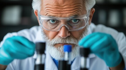 focused scientist examines test tubes in a laboratory