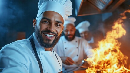 group of chefs engage in dynamic cooking in a bustling kitchen. They prepare dishes with flair, flames bursting from the pan, while one chef smiles at the camera, adding to the lively ambiance
