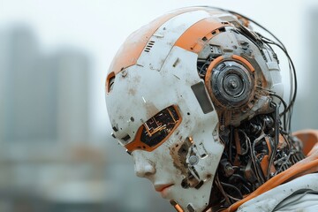 Fototapeta premium A detailed image of a humanoid robot with rusty parts, looking down in reflection amidst a blurred cityscape, evoking themes of technology and vulnerability.