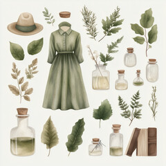 Vintage botanical collection with green dress, leaves, and apothecary jars