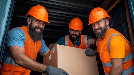 Three construction workers in bright safety gear are happily lifting a large cardboard box together