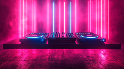 Turntables with neon background, club or disco poster