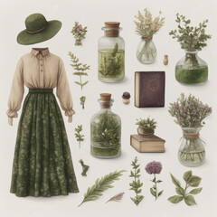 Vintage botanical collection with herbal essences and rustic dress ensemble
