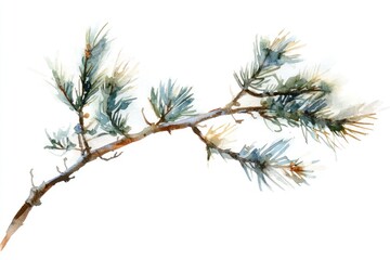 Watercolor Painting of a Pine Branch with Needles