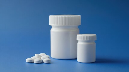 White Pill Bottles and Pills on Blue Background